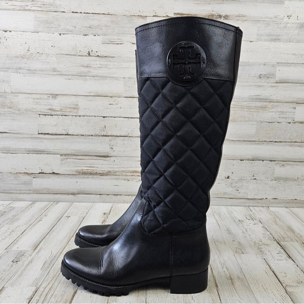 Tory Burch Rowan Solid Black Quilted Logo Tall Ri… - image 1
